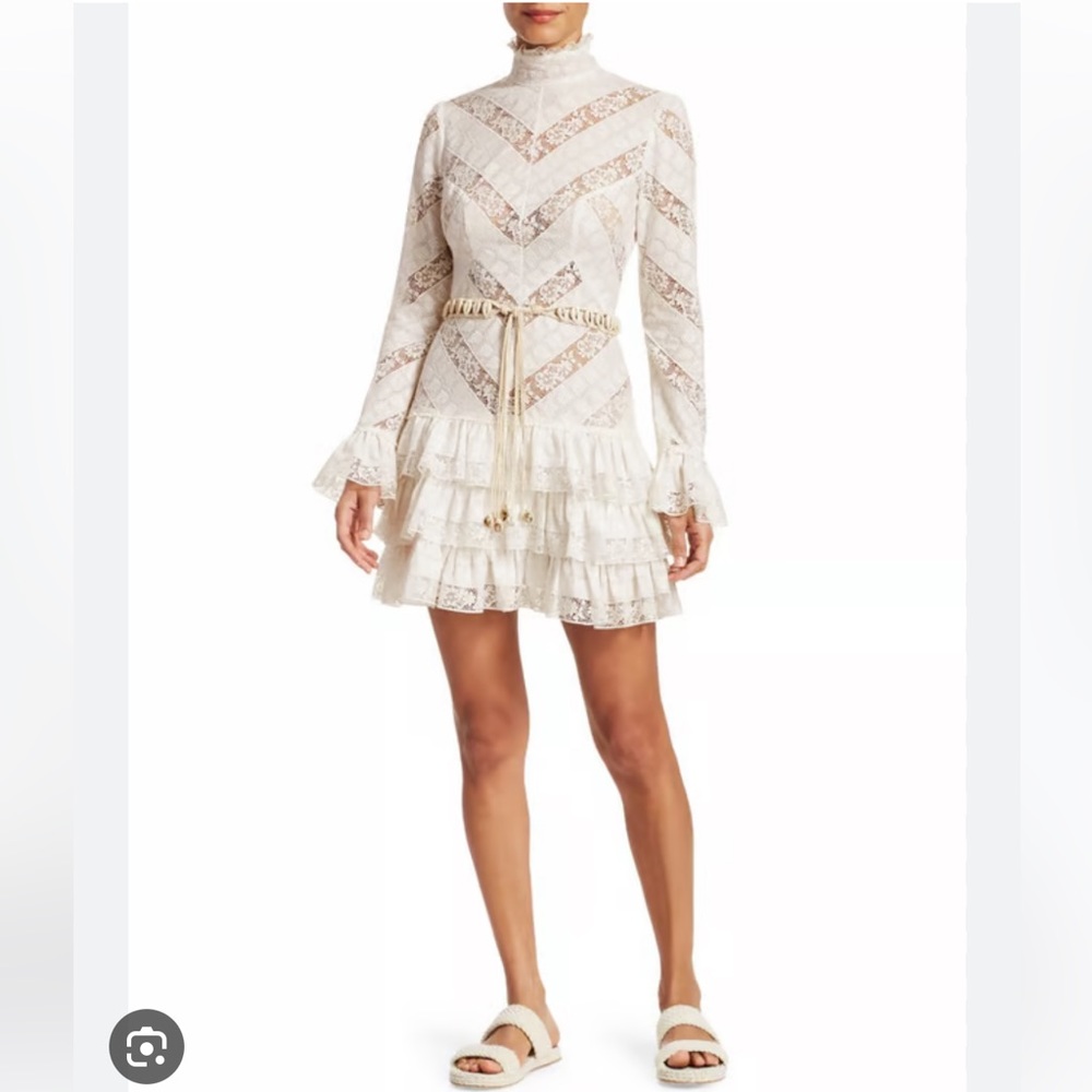 ZIMMERMANN GLASSY FRILLED LONG SLEEVE LACE RUFFLE MINI DRESS WORN ONCE 3/L